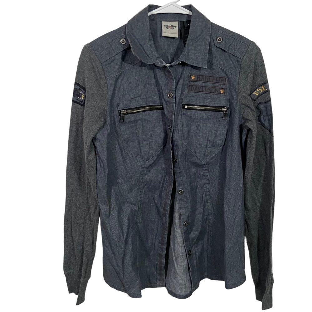 Harley Davidson Military Style Denim Button Up Shirt
